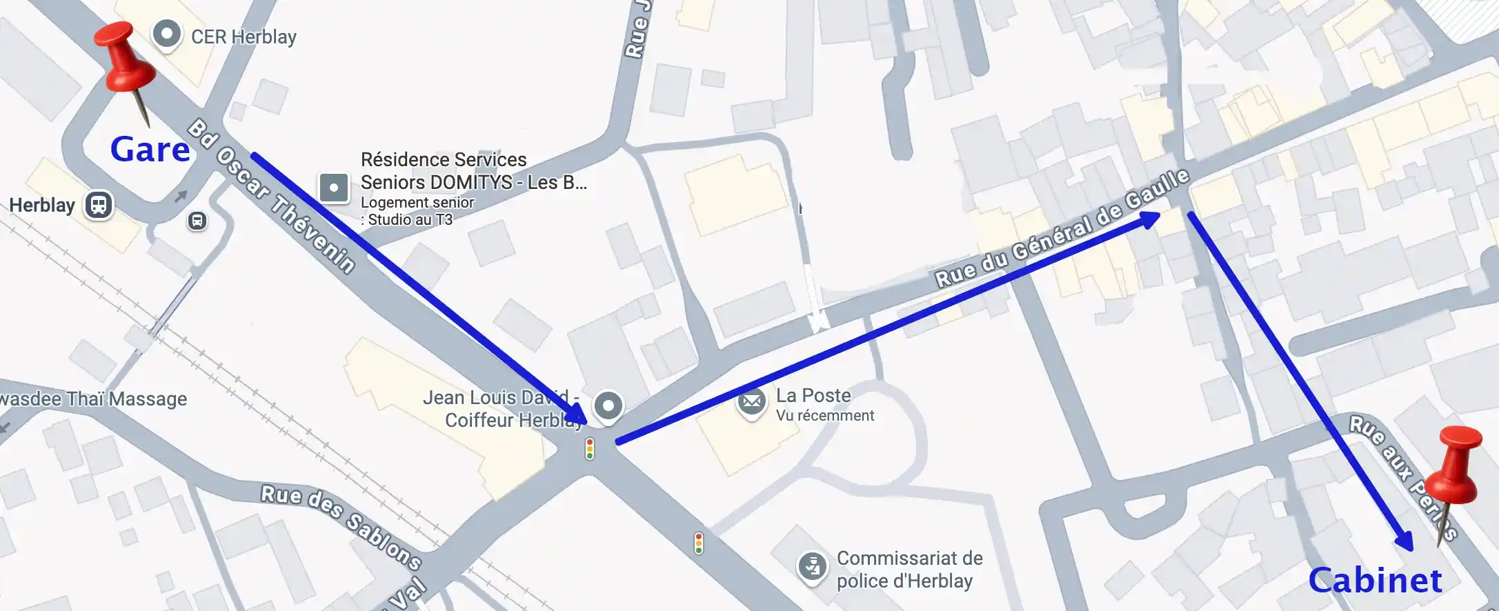 Plan d’accès à pied depuis la gare de Herblay jusqu’au cabinet de Gestalt-thérapie.