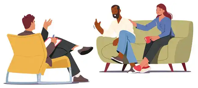 Illustration d’une thérapie de couple : un homme et une femme échangent avec un thérapeute dans un cadre serein.