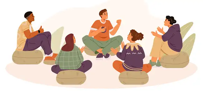 Illustration d’un groupe en thérapie assis en cercle, échangeant dans une atmosphère conviviale et sécurisante.