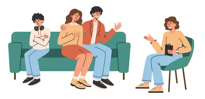Illustration d’une séance de thérapie familiale réunissant parents, enfant et thérapeute dans un cadre d’échange.