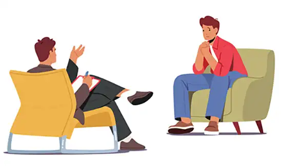 Illustration d’une séance de thérapie individuelle entre un thérapeute et un patient, assis en face à face.